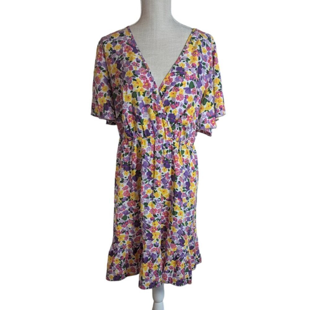 Floral Pink Purple Flutter Sleeve V Neck Dress